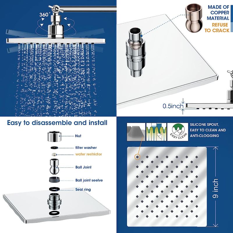 Photo 1 of  Rainfall Shower Head With Handheld Combo, 10-Setting Handheld Shower Head Built-In Power Wash, 11'' Extension Arm Height/Angle Adjustable With Holder & 60" Hose - Polished Chrome