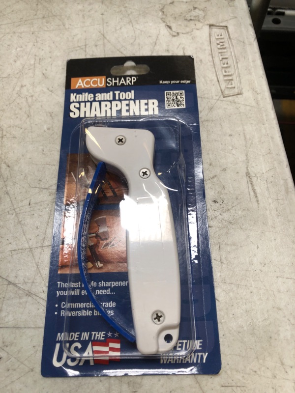 Photo 1 of AccuSharp Knife & Tool Sharpener - Ergonomic Knife Sharpener for Kitchen Knives, Pocket Knives, Serrated Blades, Cleavers, Axes & Machetes - Diamond-Honed Tungsten Carbide Sharpens, Restores & Repairs White