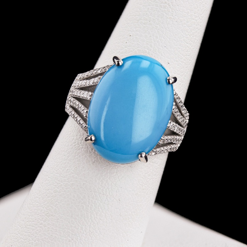 Photo 2 of 10.34ct Turquoise and 0.55ctw Diamond 14K White Gold Ring RN035266 (Approx. Size 6-7) W. MSRP APPRAISAL 