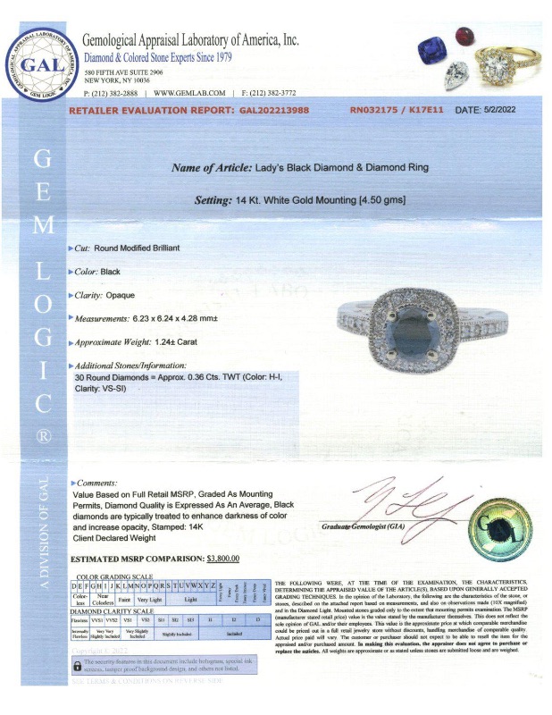Photo 3 of 1.24ct CENTER Black Diamond 14K White Gold Ring 1.60ctw Diamonds w MSRP Appraisal (Approx. Size 6-7)  RN932175