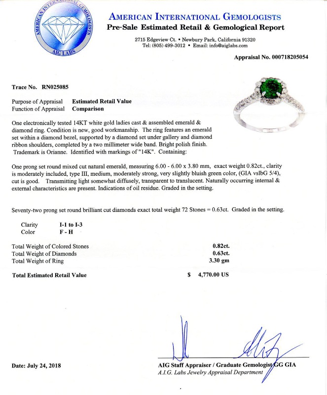 Photo 4 of 0.82ct Emerald and 0.63ctw Diamond 14K White Gold Ring W. MSRP Appraisal (Approx. Size 6-7) RN025085