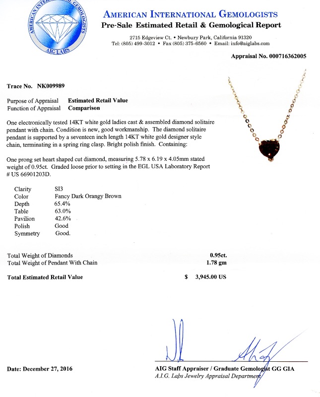 Photo 3 of 0.95ct Fancy Dark Orangy Brown Diamond 14K White Gold Pendant/Necklace (EGL USA CERTIFIED) NK009989