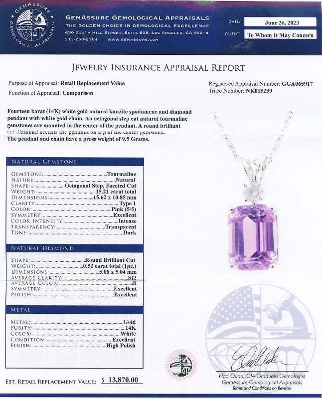 Photo 4 of 15.21ct Pink Tourmaline and 0.52ct Diamond 14K White Gold Pendant w. MSRP Appraisal  NK015239