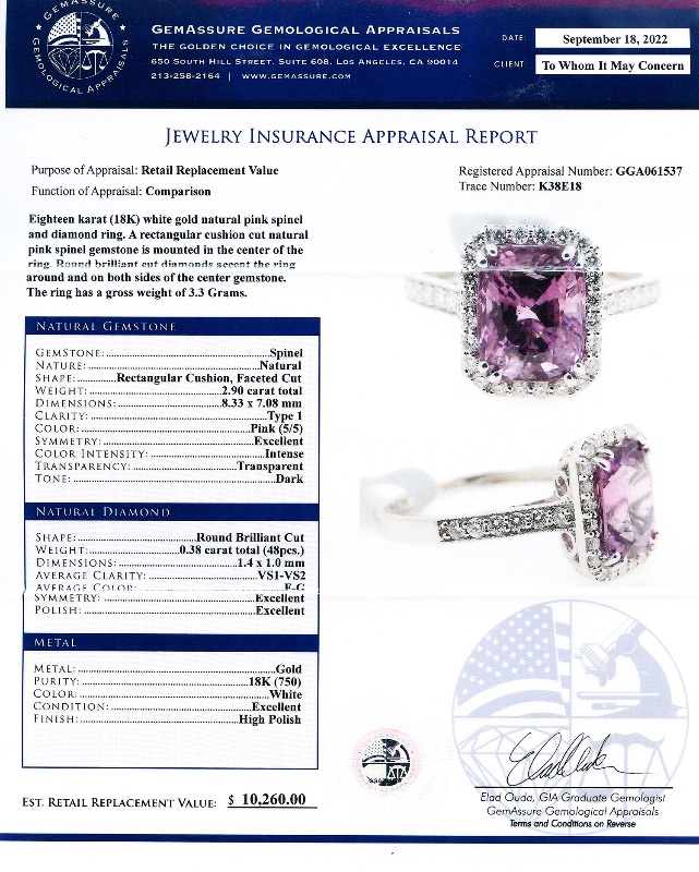 Photo 4 of 2.90ct Pink Spinel and 0.38ctw Diamond 18K White Gold Ring W. MSRP Appraisal (Approx. Size 6-7)  RN033086