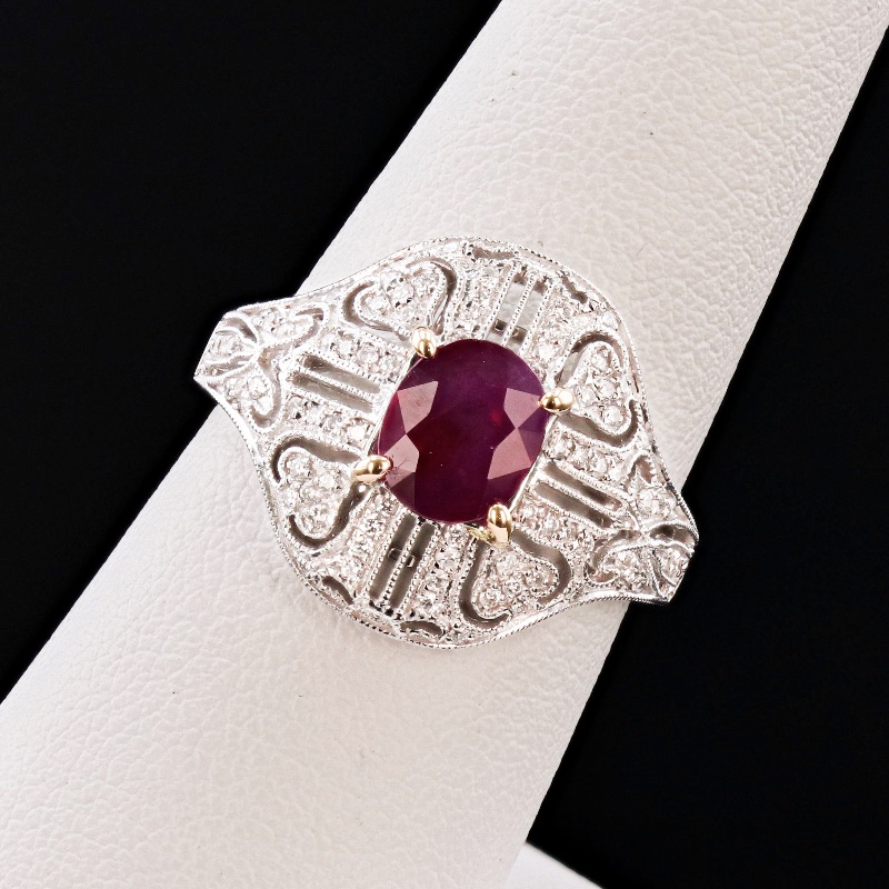 Photo 3 of 1.21ct BURMA Ruby and 0.23ctw Diamond 18K White and Yellow Gold Ring W. MSRP Appraisal (Approx. Size 6-7)   RN033315

