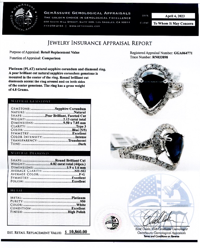 Photo 4 of 2.13ct Blue Sapphire and 0.82ctw Diamond Platinum Ring W. MSRP APPRAISAL (Approx. Size 6-7)   RN033898