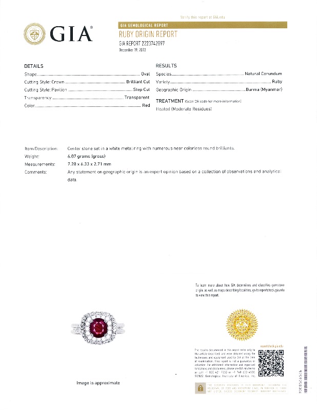 Photo 4 of 1.21ct BURMA Ruby and 0.27ctw Diamond 18K White Gold Ring (GIA CERTIFIED) W. MSRP Appraisal (Approx. Size 6-7).  RN033339