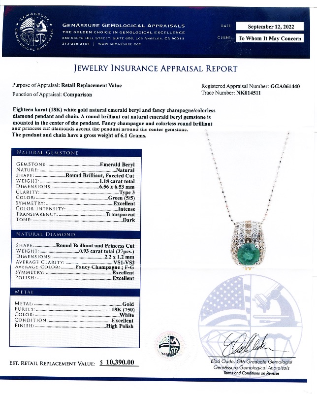 Photo 4 of 1.18ct Emerald and 0.93ctw Diamond 18K White Gold Pendant W. MSRP Appraisal  NK014511