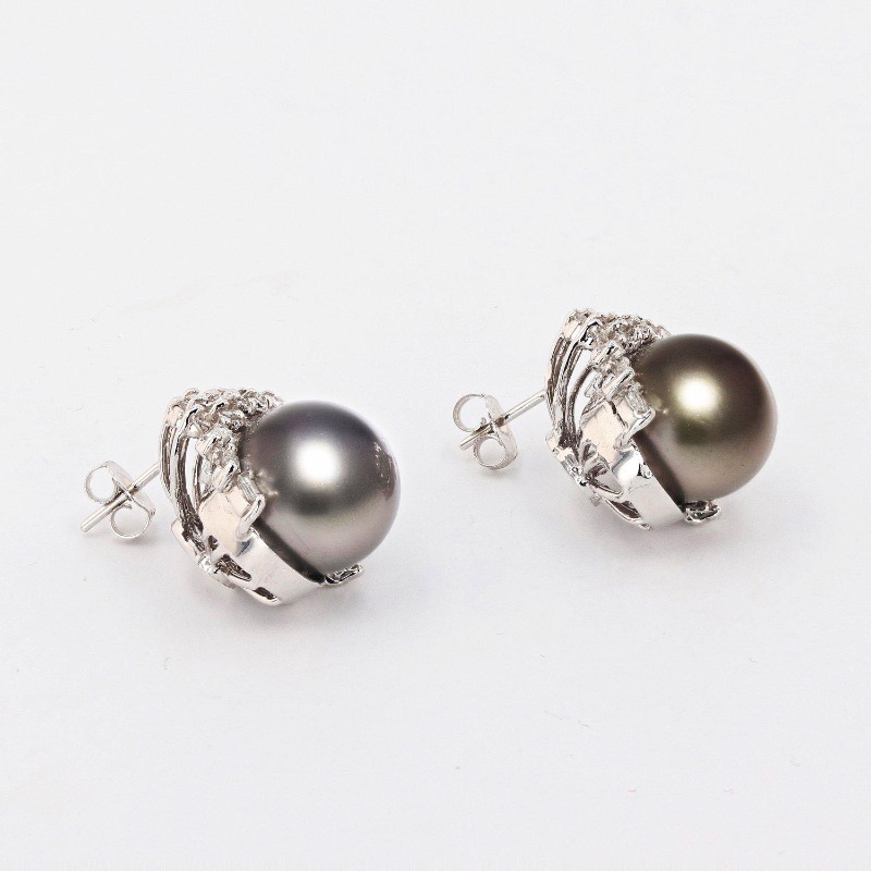 Photo 2 of 13.0mm Black Tahitian Cultured Pearl and 1.68ctw Diamond 14K White Gold Earrings W. MSRP Appraisal. ER004269