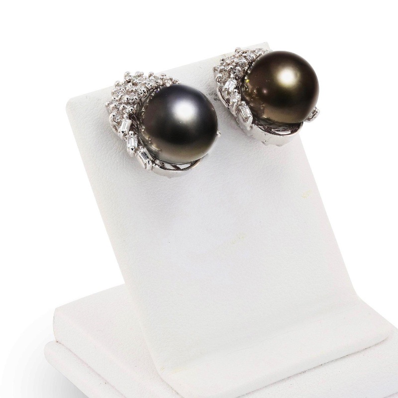 Photo 1 of 13.0mm Black Tahitian Cultured Pearl and 1.68ctw Diamond 14K White Gold Earrings W. MSRP Appraisal. ER004269