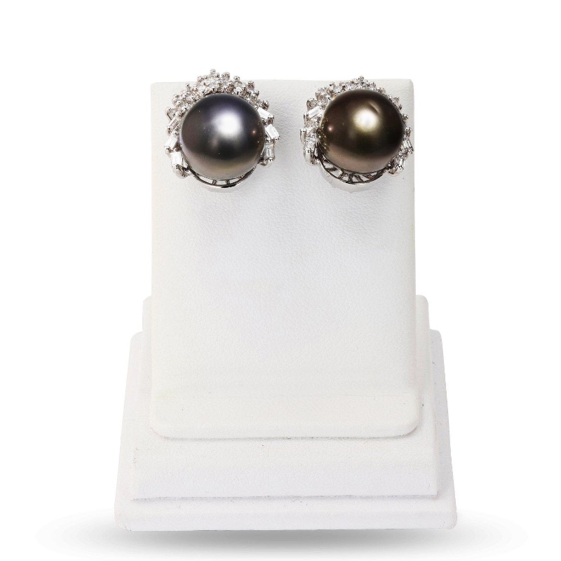 Photo 3 of 13.0mm Black Tahitian Cultured Pearl and 1.68ctw Diamond 14K White Gold Earrings W. MSRP Appraisal. ER004269