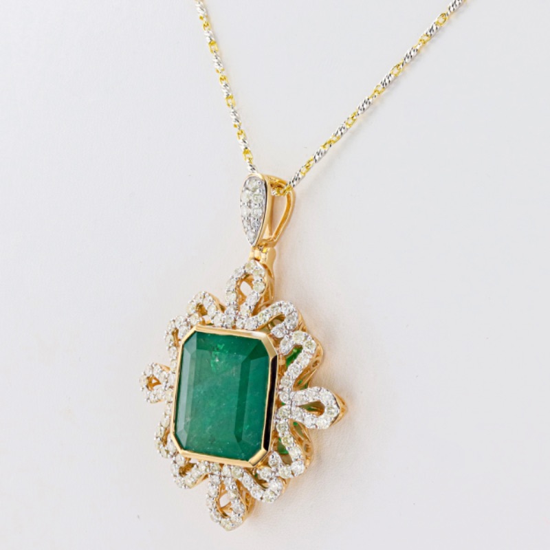 Photo 2 of 13.41ct Emerald and 1.72ctw Diamond 18K Yellow and White Gold Pendant W. MSRP Appraisal. NK014660
