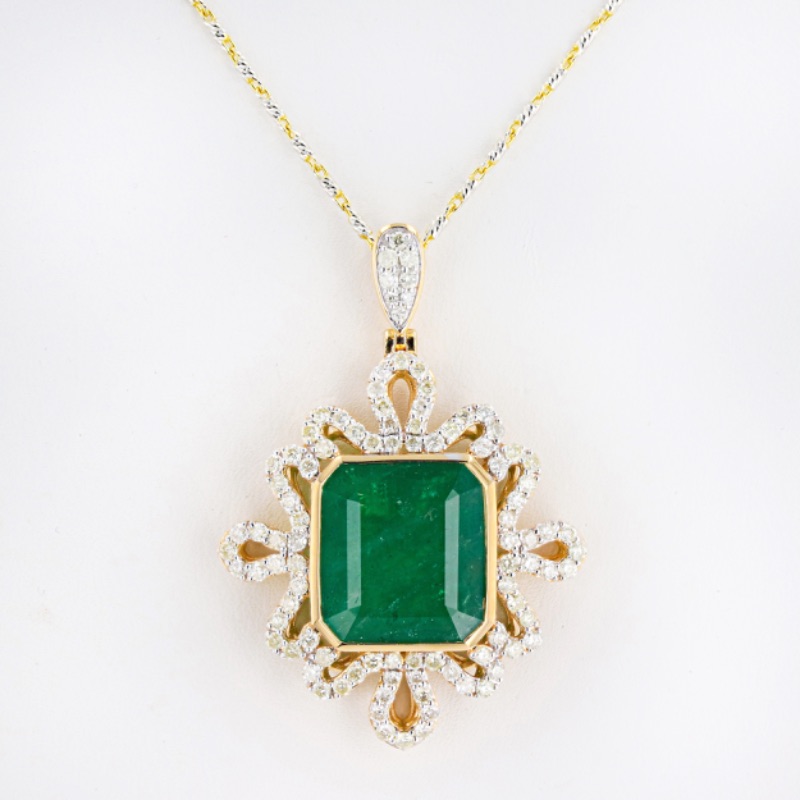 Photo 3 of 13.41ct Emerald and 1.72ctw Diamond 18K Yellow and White Gold Pendant W. MSRP Appraisal. NK014660