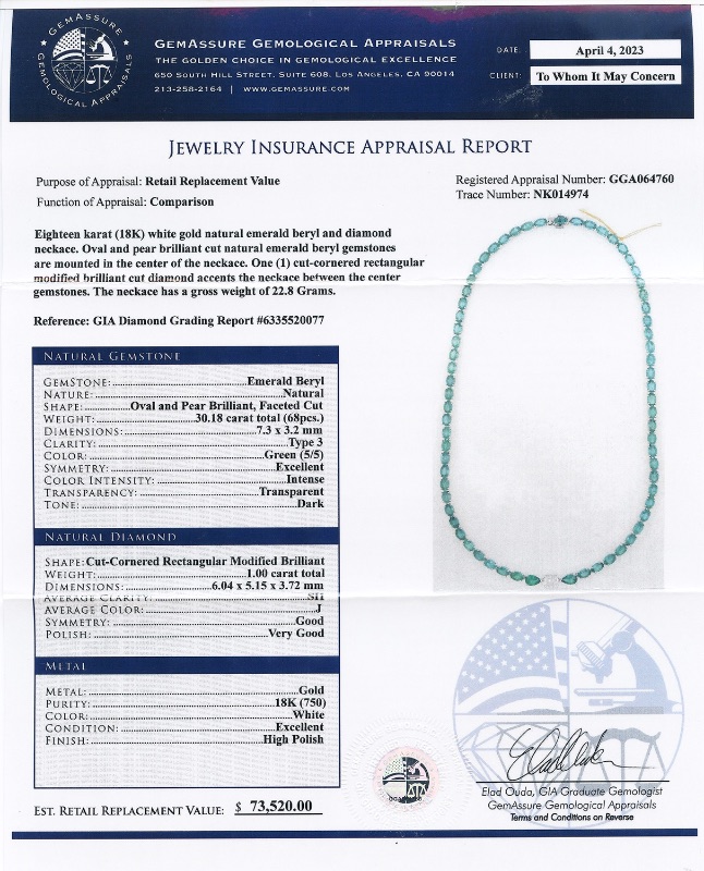 Photo 4 of 1.00ct SI1 CLARITY Diamond and 30.18ctw Emerald 18K White Gold Necklace (GIA CERTIFIED) W. MSRP Appraisal. NK014974