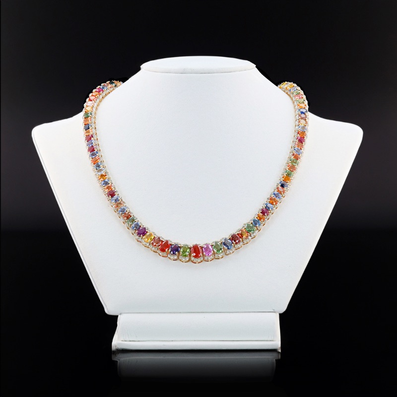Photo 1 of 51.93ctw Multi-Color Sapphire and 5.88ctw Diamond 14K Yellow Gold Necklace W MSRP Appraisal  NK014608