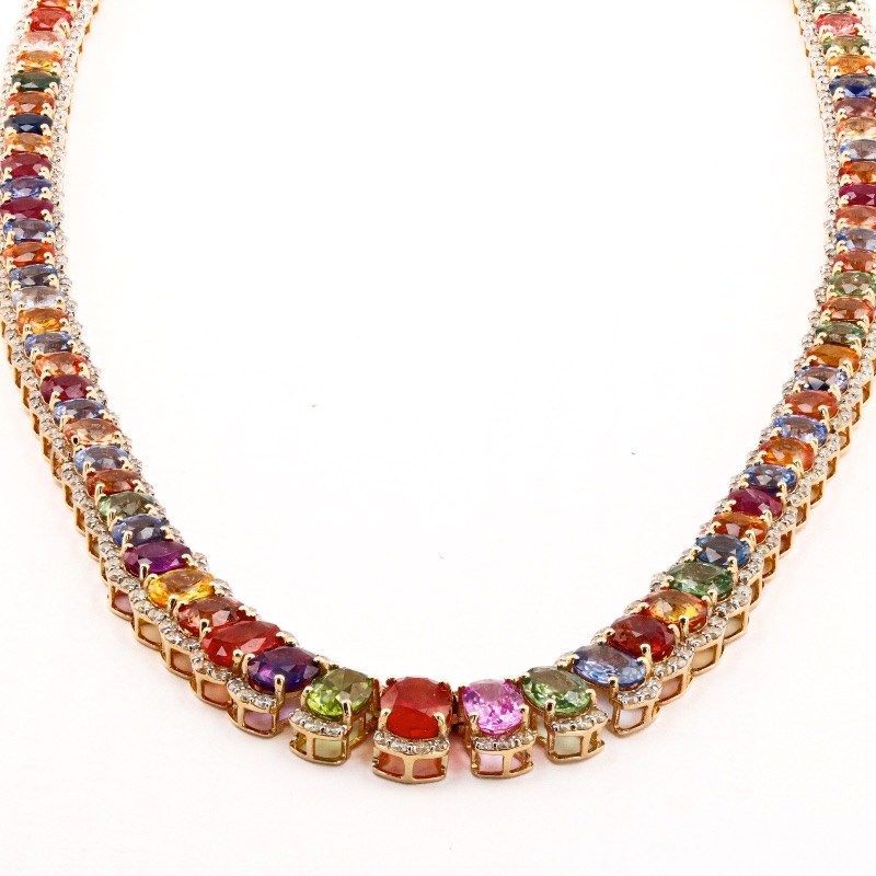Photo 2 of 51.93ctw Multi-Color Sapphire and 5.88ctw Diamond 14K Yellow Gold Necklace W MSRP Appraisal  NK014608