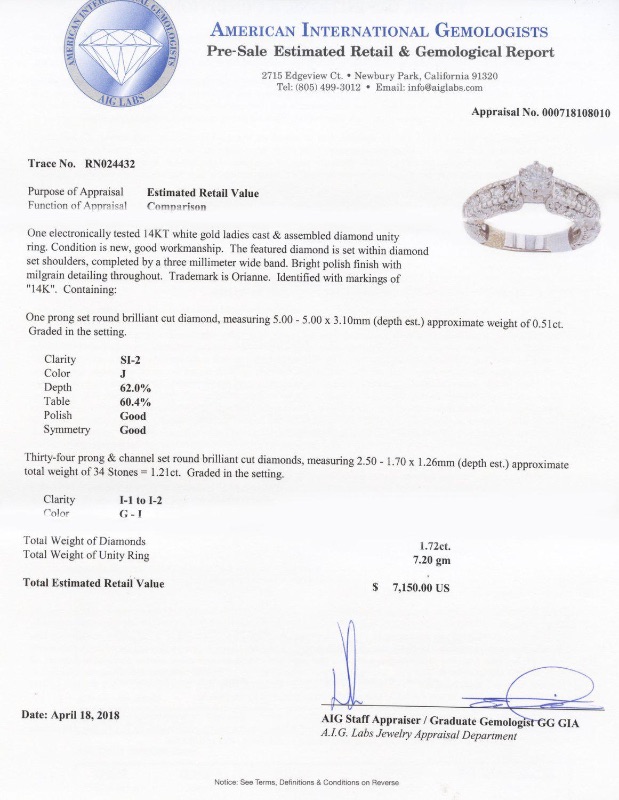 Photo 7 of 0.51ctw SI2 CLARITY CENTER Diamonds 14KT White Gold Ring (1.72ctw Diamonds) W MSRP APPRAISAL (APPROX SIZE 6-7) RN024432