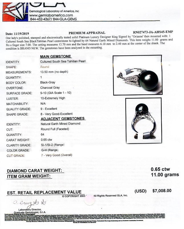 Photo 3 of 13.50mm Black-Gray South Sea Pearl and 0.65ctw Diamond Platinum Ring W MSRP APPRAISAL (APPROX SIZE 6-7) RN027473