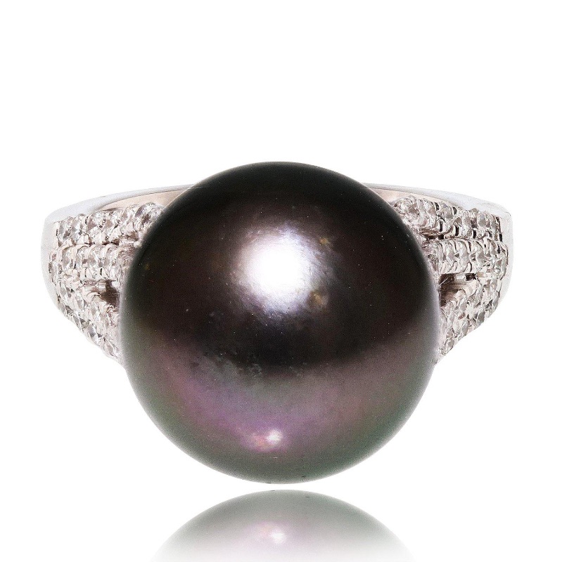 Photo 4 of 13.50mm Black-Gray South Sea Pearl and 0.65ctw Diamond Platinum Ring W MSRP APPRAISAL (APPROX SIZE 6-7) RN027473