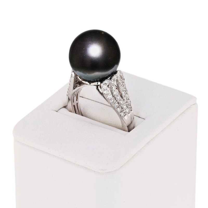 Photo 1 of 13.50mm Black-Gray South Sea Pearl and 0.65ctw Diamond Platinum Ring W MSRP APPRAISAL (APPROX SIZE 6-7) RN027473