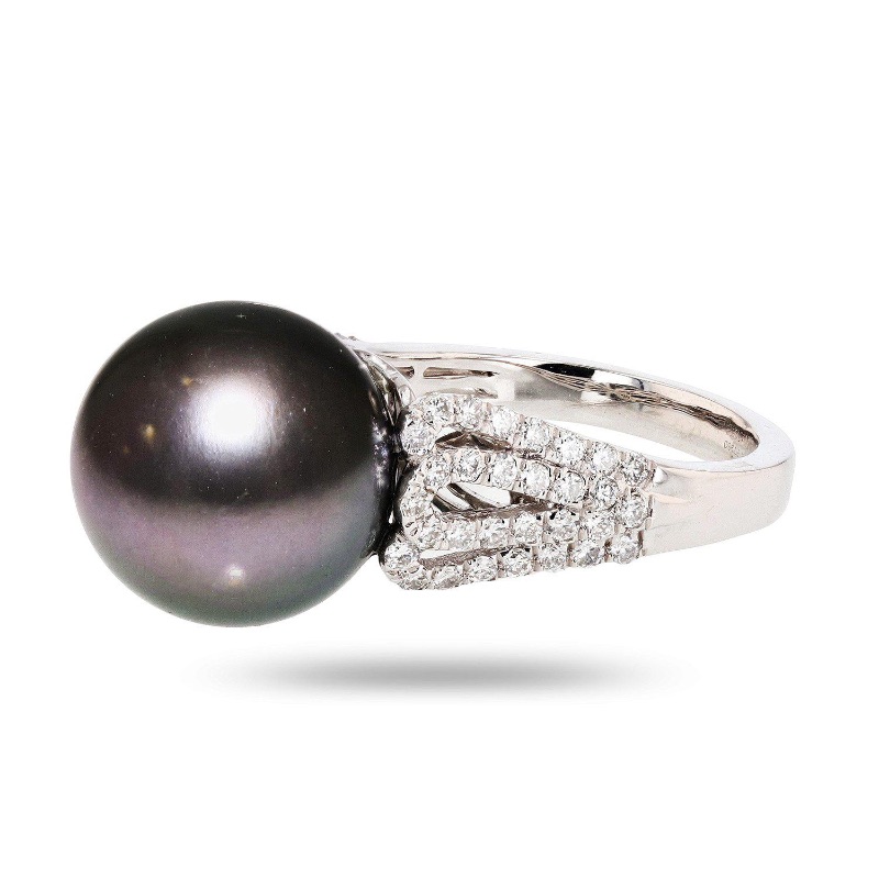 Photo 2 of 13.50mm Black-Gray South Sea Pearl and 0.65ctw Diamond Platinum Ring W MSRP APPRAISAL (APPROX SIZE 6-7) RN027473