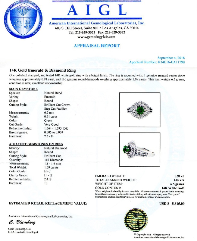 Photo 6 of 0.91ct Emerald and 1.09ctw Diamond 14K White Gold Ring W MSRP Appraisal (Approx. Size 6-7) RN025302