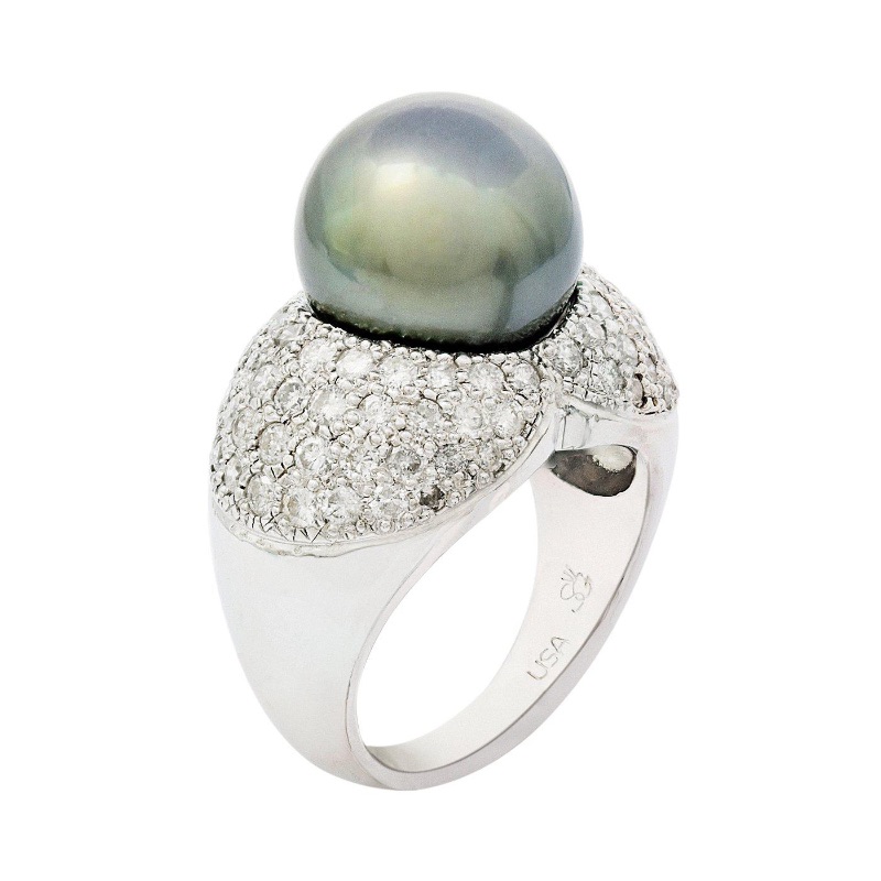 Photo 1 of 12.0mm Tahitian Pearl and 1.96ctw Diamond 14KT White Gold Ring W MSRP APPRAISAL. (APPROX SIZE 6-7)  RN019899