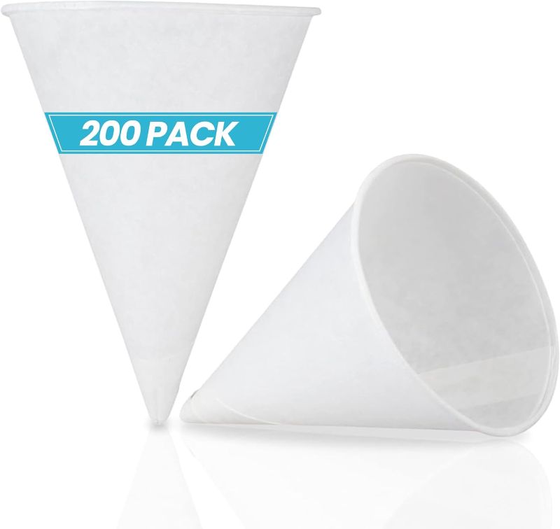 Photo 1 of ***DAMAGE BOX*** C&S Event Supply Co. 4.5oz Snow Cone Cups - Pack of 200 Rolled Rim Paper Cone Cups, White Disposable Cups for Paper Cup Dispenser, Office Water Coolers, Sports Teams, Shaved Ice, Slushies
