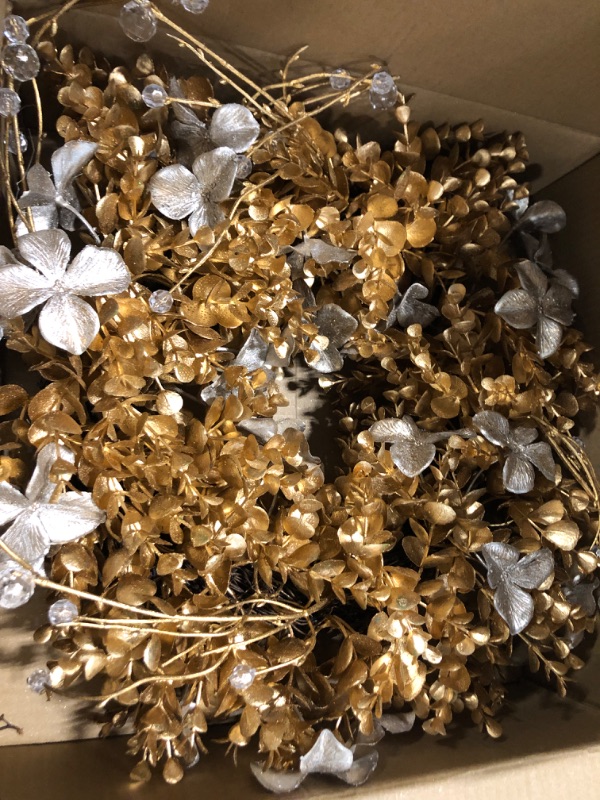 Photo 2 of 16 in. Unlit Christmas Wreath Gold Autumn Door Wreath Handcrafted with Artificial Eucalyptus Genlisea Hydrangea for Farmhouse Holiday Fall Thanksgiving Christmas Decoration