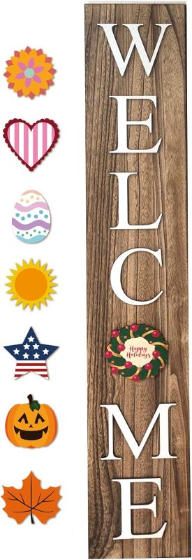 Photo 1 of ***MISSING PIECES*** Welcome Sign for Front Door Porch with Ornamental Tiles - 8 Interchangeable Seasonal Tiles, Celebrate Holidays and Seasons, Vertical Wooden Outdoor and Indoor Welcome Home Decor Sign (Brown)