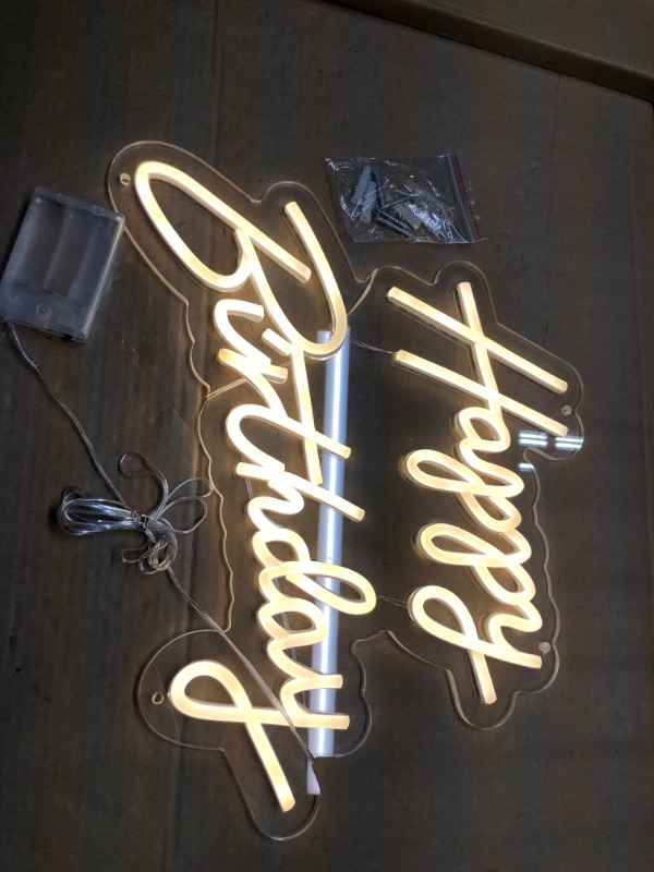 Photo 2 of ***AS IS / FINAL SALE - NO RETURN*** ATOLS Happy Birthday Neon Sign for Wall Decor, Battery or USB Powered Happy Birthday Led Sign, Reusable Happy Birthday Light Up Sign for All Birthday Party Decoration, Size-17x13 Inch, Warm White