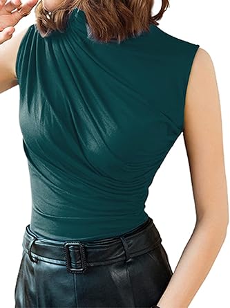 Photo 1 of Avanova Women Mock Neck Sleeveless Tank Top Ruched Fitted Elegant Blouse Shirt
