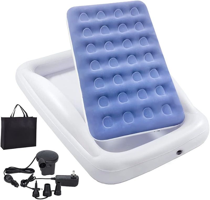 Photo 1 of *****missing electric pump just the white mattress is in the bag.*****
Inflatable Kids Travel Bed Toddler Air Mattress Set - Portable Blow Up Mattress Sleeping Bed Cot with Security Bed Rails and Electric Pump Ideal for Road Trip Camping Sleepovers etc. (