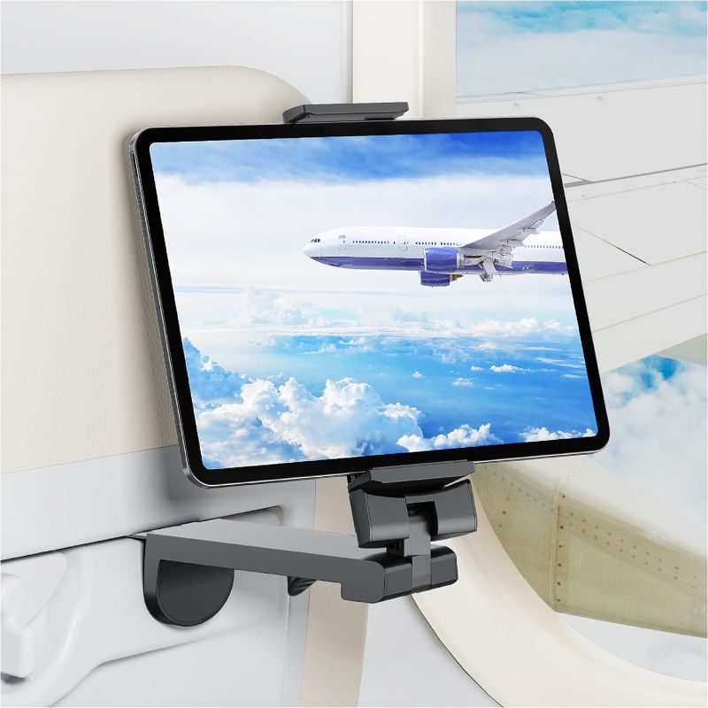 Photo 1 of Airplane Tablet Holder Mount, Travel Essential Handsfree Tablet Stand for Flying with Multi-Directional 360 Degree Rotation, Compatible with iPad/Galaxy Tabs/Kindle or Other 7-12" Tablets

