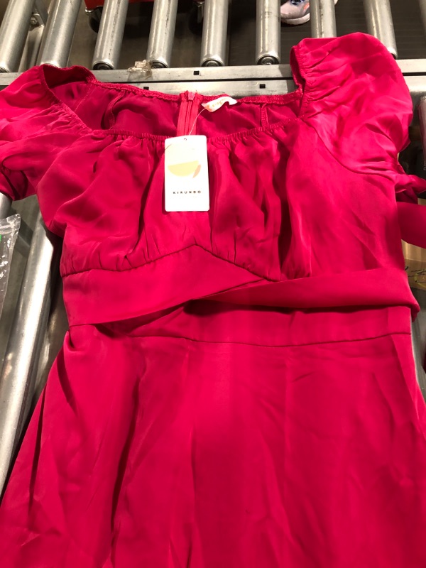 Photo 1 of ****USED** KIRUNDO Women's Summer Satin Midi Dress Off Shoulder Wrap Ruched Wedding Guest Party Cocktail Formal Prom Valentines Dress(Rose Red, X-Large)