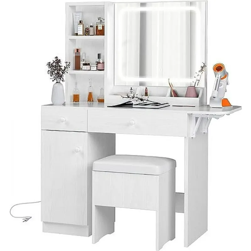 Photo 1 of ***image shows similiar item, actual item is shown in last image***IRONCK Vanity Desk with LED Lighted Mirror & Power Outlet, Makeup Table with Drawers & Cabinet,Storage Stool,for Bedroom, White