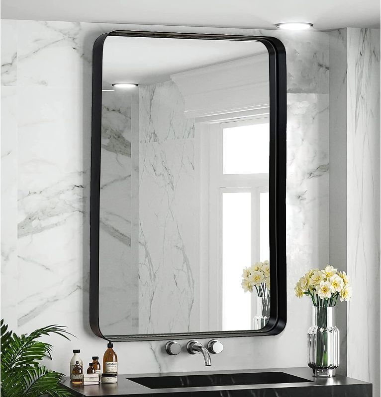 Photo 1 of ***slight discoloration*** Black Wall Mirror for Bathroom, 24x36 Inch Metal Framed Bathroom Mirror with Rounded Corner, Rectangle Wall Mounted Glass Panel Decorative Mirror
