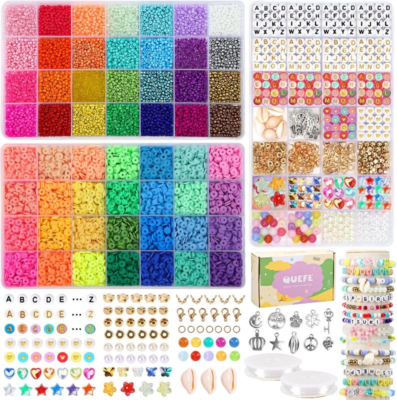 Photo 1 of ****USED*** QUEFE Friendship Bracelet Kit 12000pcs Polymer Clay & Glass Beads for Bracelets Making, 56 Colors Heishi Beads with 600+ Letter Beads for Gift
