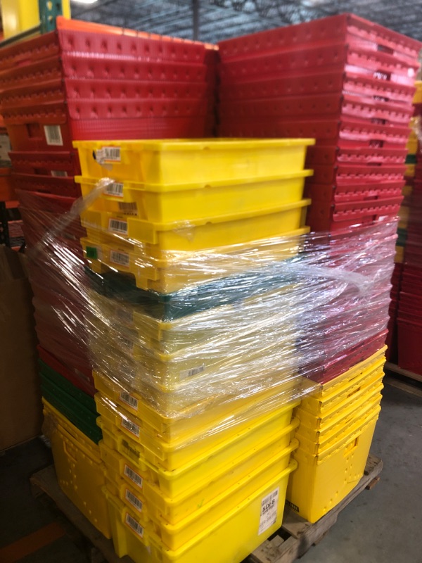 Photo 1 of ****NO RETURN, SALE FINAL**** ULINE Space Age Totes - 21 x 19 x 14" + ROUND TRIP TOTES (NO LIDS 22.5 X 15.5 X 10.5
65 SPACE AGE TOTES, 49 RED, 8 YELLOW, 8 GREEN 
14 ROUND TRIP TOTES, 13 YELLOW, 1 GREEN