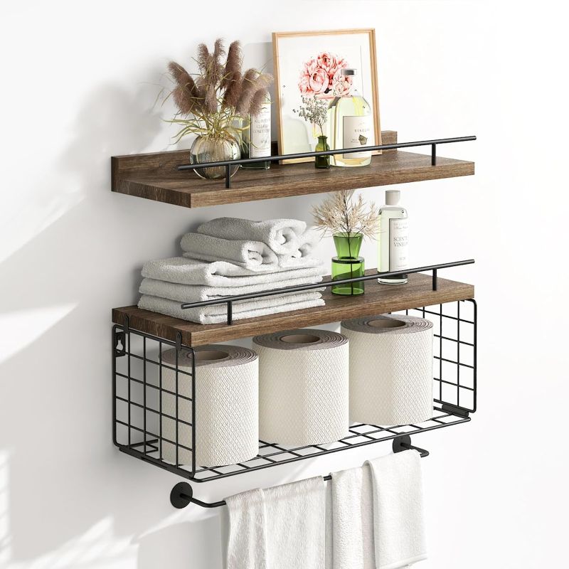 Photo 1 of 
Fixwal 3-Shelves Floating Shelves, Bathroom Wall Decor with Paper Storage Basket, Rustic Wood Bathroom Shelves with Towel Rack for Kitchen, Bedroom