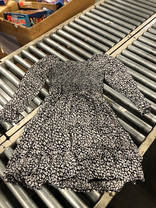 Photo 1 of BTFBM Women Square Neck Smocked Dresses 2024 Summer Fall Long Sleeve Floral Swiss Dot Ruffle Party Mini Babydoll Dress(Print Flower Black, X-Large)