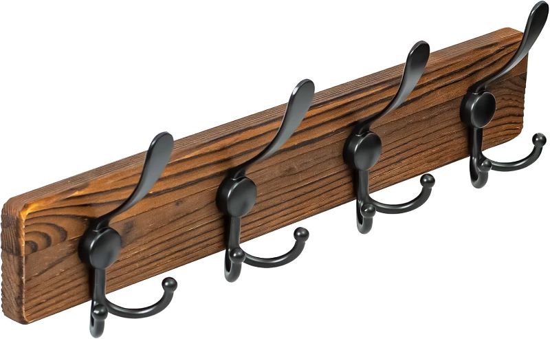 Photo 1 of ****USED** Wall Mounted Coat Rack - Metal Coat Hooks Hanger with Pine Solid Wood Board, 4 Triple Black Literary Rustic Hooks Rail Wall Mount for Hanging Coats, Clothes, Bags, Hat, Towelh