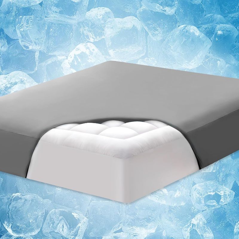 Photo 1 of  EMUSE Cool-feeling Grey King Dual Layer Mattress Pad Cover, Cooling Fitted Sheet Plus Supportive Mattress Topper for Hot Sleepers, Soft Pillowtop Mattress Protector with Fluffy Filling