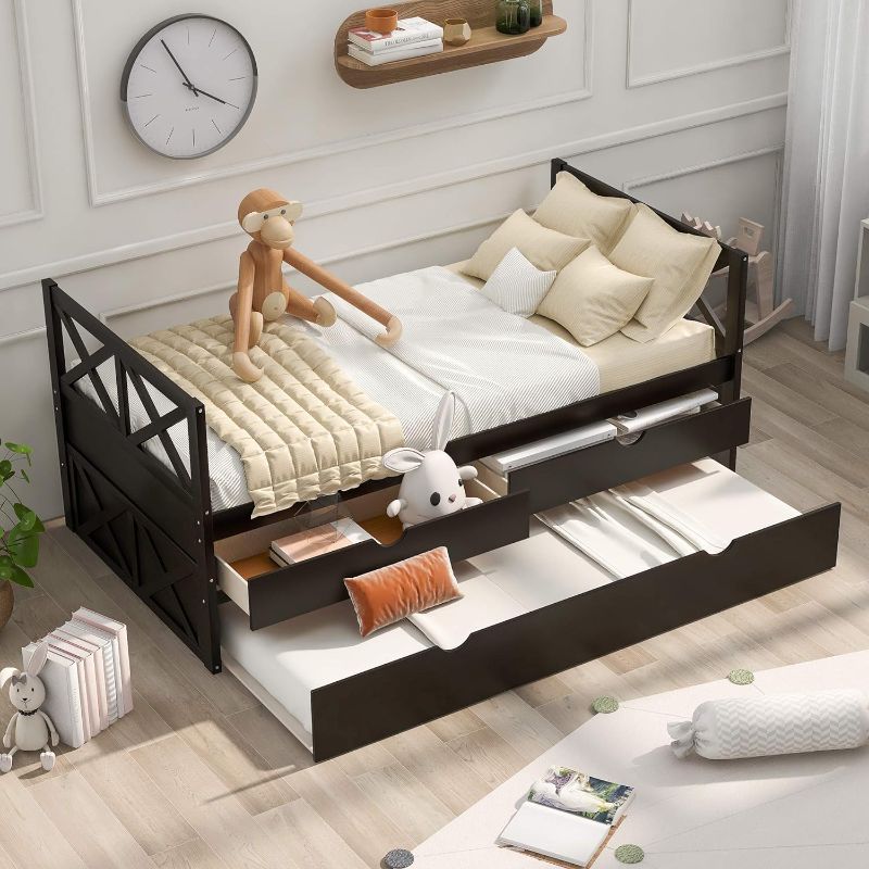 Photo 1 of  BOX 1 OF 2 BIADNBZ Twin Size Daybed with 2 Storage Drawers and Trundle, Wooden Bedframe, Multifunctional Sofa Bed for Kids, Teens, Espresso
