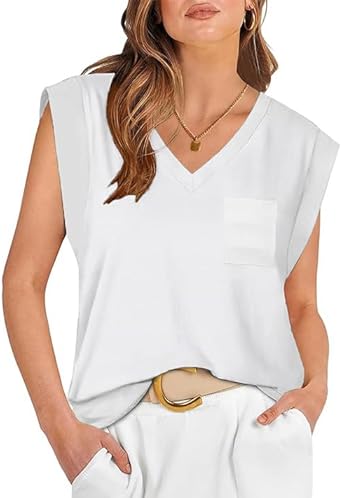Photo 1 of ***FACTORY SEALED***
Cap Sleeve Tops for Women Summer V Neck Tank Sleeveless Striped Basic Tees Shirts Loose Fit with Front Pockets
