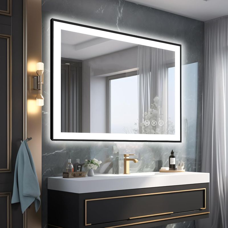 Photo 1 of  LED Bathroom Mirror, Black Aluminum Framed, Backlit + Front-Lit, 3 Colors Temperature Changeable, Dimmable Vanity Mirror, Tempered Glass, Defog, Waterproof, Memory (Horizontal/Vertical)