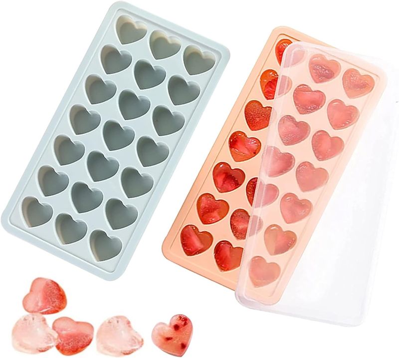 Photo 1 of 2 Pack Heart-Shaped Ice Cube Trays - 42 Holes Silicone Heart Ice Cube Tray with Lid, BPA Free and Dishwasher Safe, Mini Heart Shape Ice Cube Mold, Easy to Remove