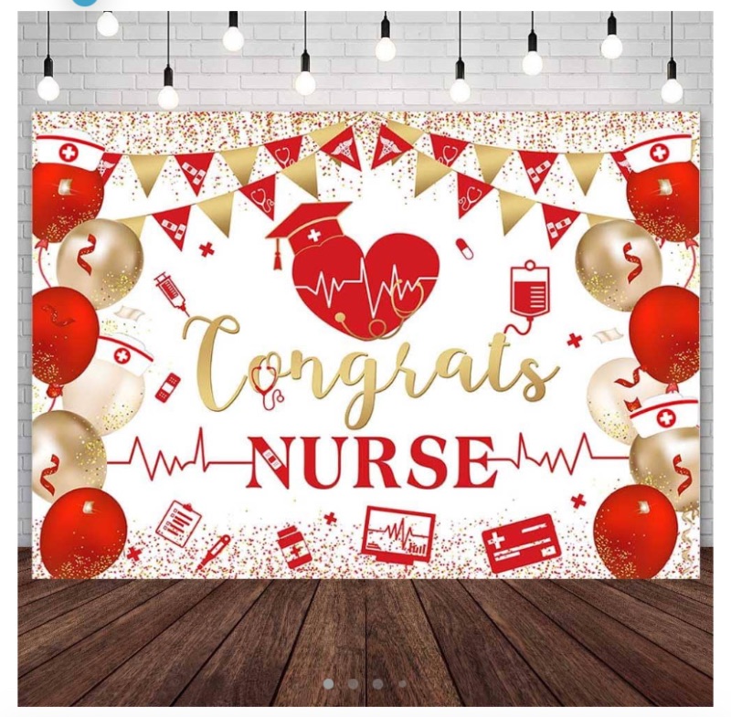 Photo 1 of 7x5ft Congrats Nurse Backdrop Red Gold Nurse Graduation Photography Background Congrats Nurse Grad Celebrate Class of 2024 Party Decorations RN Graduation Banner Photo Studio Props