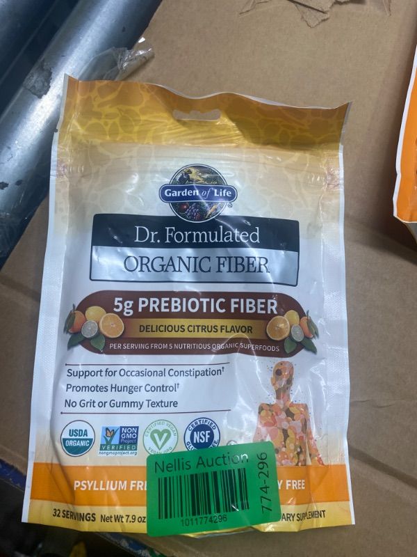 Photo 2 of ***USED** EXPIRES OCT 11,2024** Garden of Life Dr Formulated Organic Fiber Supplement Powder Citrus, Sugar Free, Psyllium Free Prebiotic Superfoods, Constipation Relief and Hunger Control for Men and Women, 32 Servings Citrus 32 Servings (Pack of 12)