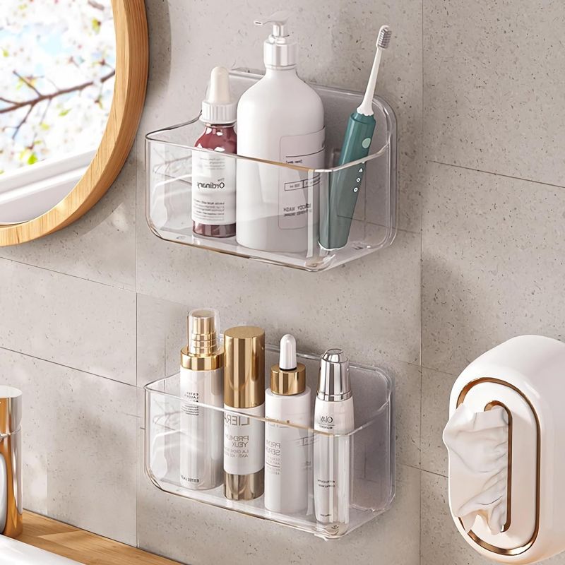 Photo 1 of 2pc Plastic Wall Mount Organizer, Adhesive Clear Cabinet Door Organizer,Acrylic Shelves for Wall,No Drilling Hang Walls,with Self Adhesive Tape, for Bathroom, Kitchen, Living Room
